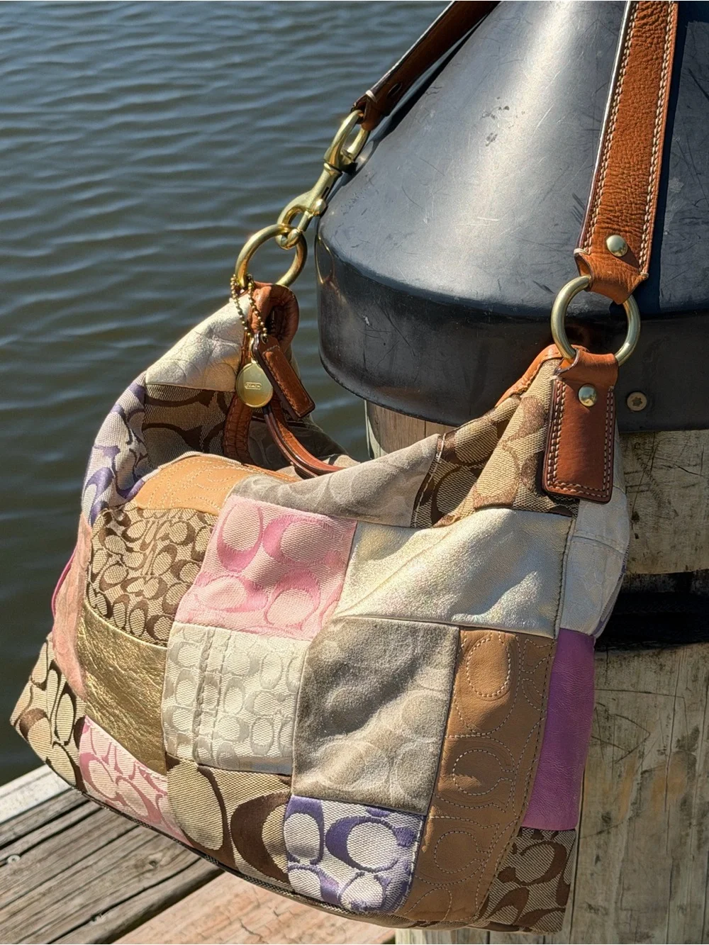 Coach Multicolor Patchwork Shoulder Bag in Pink, Tan, Cream, Brown, Purple